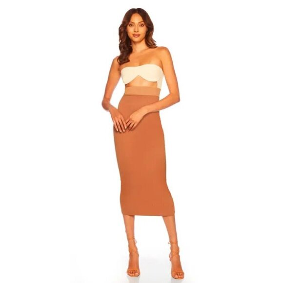 SUSANA MONACO Colorblock Cutout Detail Tube Midi Dress in Toffee Size X-Small - Picture 1 of 13